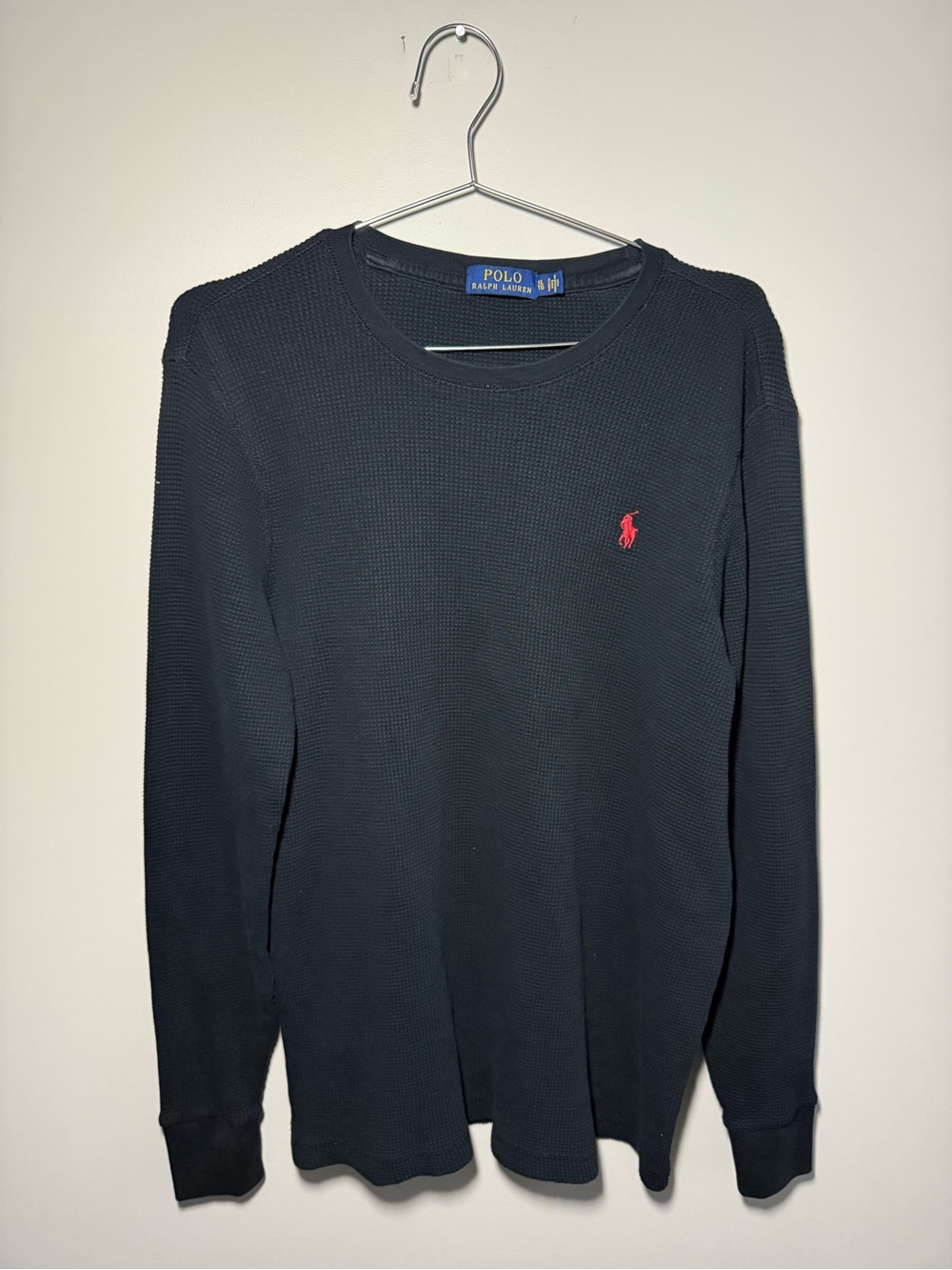 Polo by Ralph Lauren Black Thermal Waffle-Knit Crew Shirt with Blue Label Sz XLT